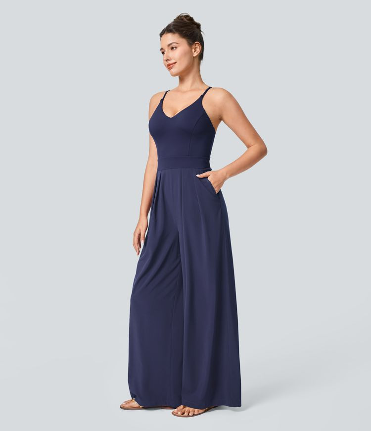 Women’s Breezeful™ Backless Side Invisible Zipper Pocket Wide Leg Quick Dry Resort Slip Jumps... | HALARA