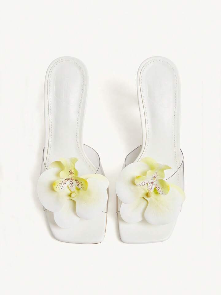 CUCCOO CHICEST Women's White Square Toe Transparent PVC Floral Decor Clear High Heel Slide Sandal... | SHEIN
