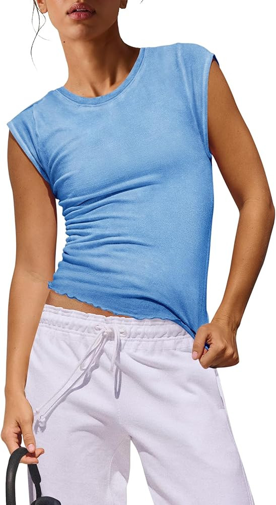 Panadila Womens Workout Tops Acid Wash Tshirt Cap Sleeve Fitted Crew Neck T Shirts Ruffled Hem Casual Basic Baby Tee (Denim Blue,M) at Amazon Women\u2019s Clothing store | Amazon (US)