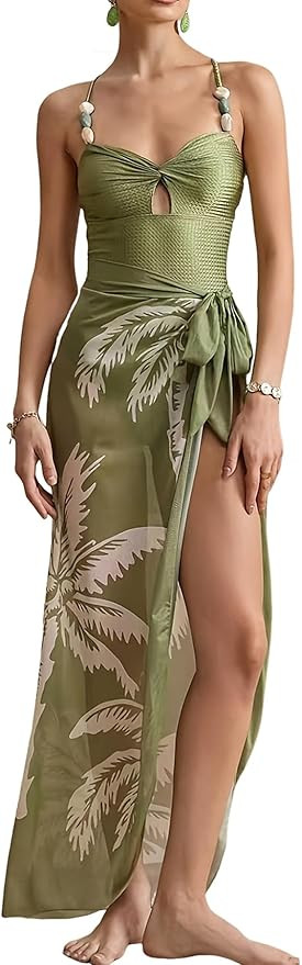 SherryDC Women One Piece Swimsuit with Mesh Sarong Wrap Skirt Cutout Bathing Suit with Tropical B... | Amazon (US)