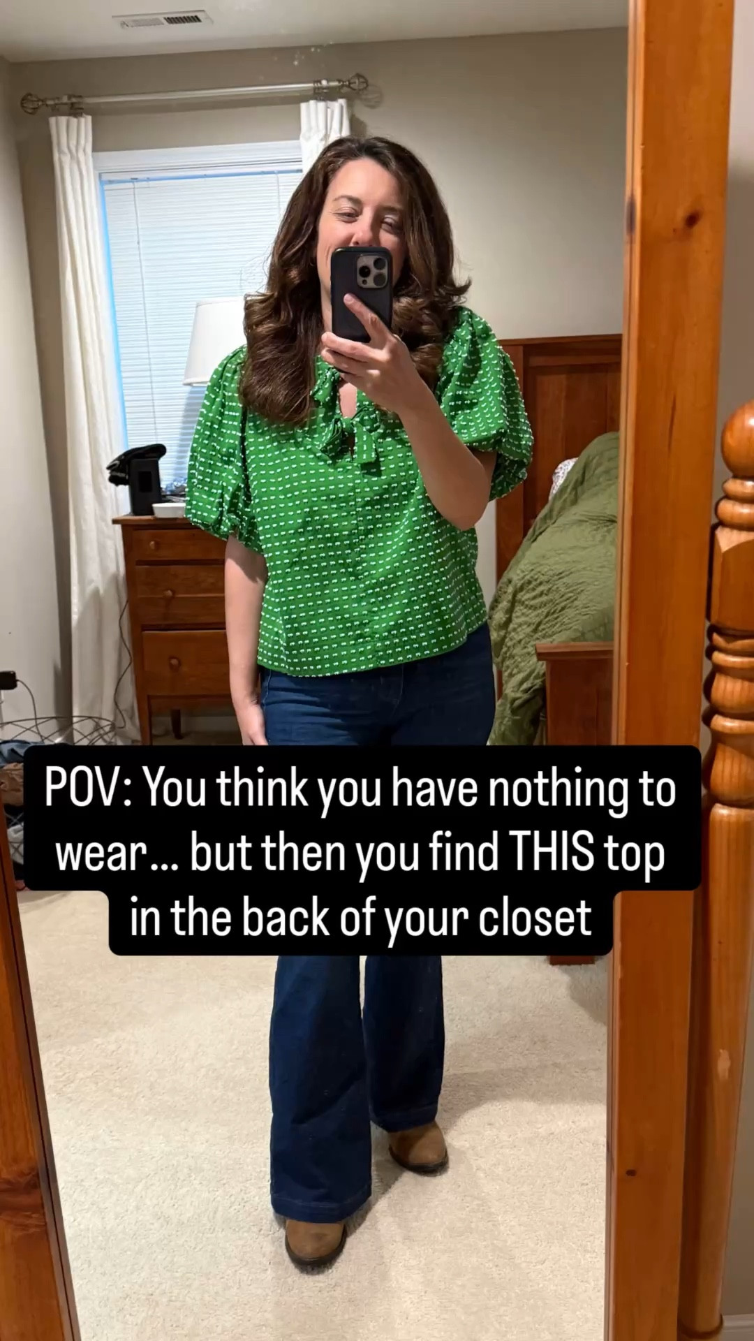 While everyone else eased into spring with a white tee, I showed up in green with puff sleeves and a tie neck. Absolutely no notes.

This top is doing a lot and I fully support it. Wore it two ways this week — casual with flares and booties, then blazer over top for meetings. Both versions are giving “I woke up like this but actually I tried a little.”

Everything is linked on LTK — shop under @ChicUnderConstruction 🌿

Save this for the next time someone tells you to “keep it simple.” 👆

budget fashion | affordable outfits | spring style 2026 | women over 35 | women over 40 | working mom outfit | outfit inspo | real women fashion | casual chic | budget style | spring outfits | affordable fashion | working mom style | outfit ideas

#LTKOver40 #LTKstorytime #LTKootd
