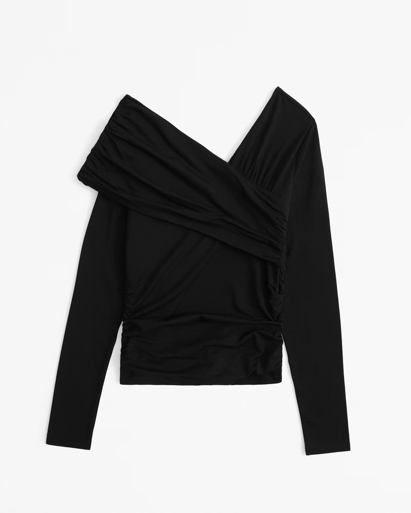 Abercrombie & Fitch Women's Long-Sleeve Off-The-Shoulder Draped Wrap Top in Black - Size S | Abercrombie & Fitch (US)