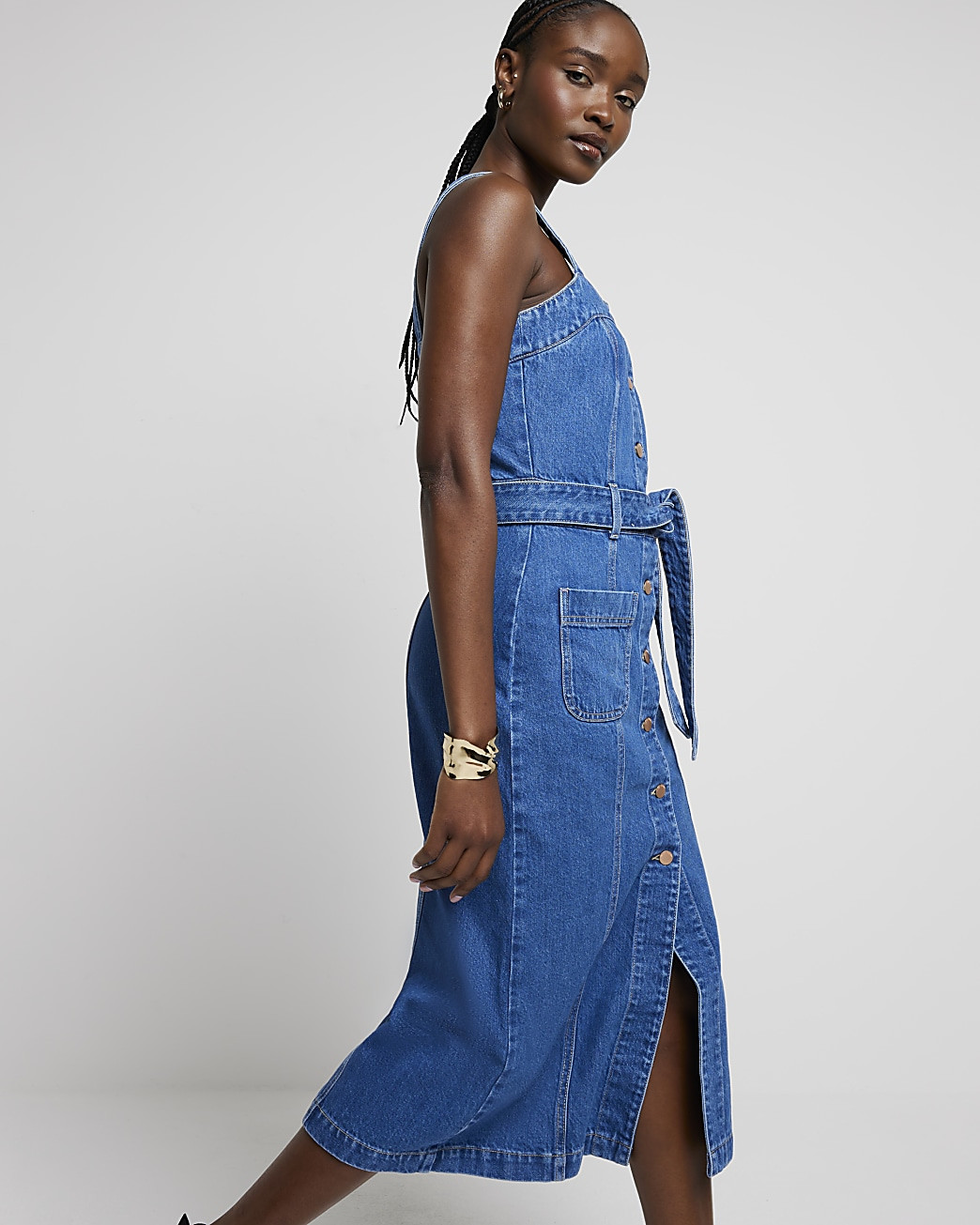 Blue denim belted bodycon midi dress | River Island (UK & IE)