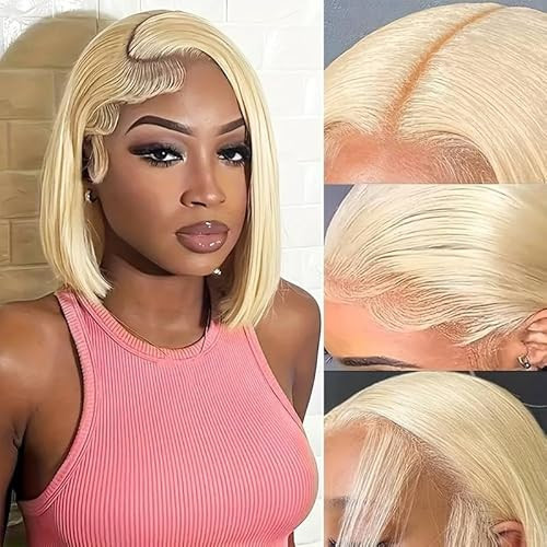 XECTVVE #613 Blonde Short Bob Wig Human Hair 13x4 Straight HD Transparent Lace Front Bob Human Hair Wigs 180% Density 8 Inch Frontal Wigs For Black Women Pre Plucked with Baby Hair | Amazon (US)