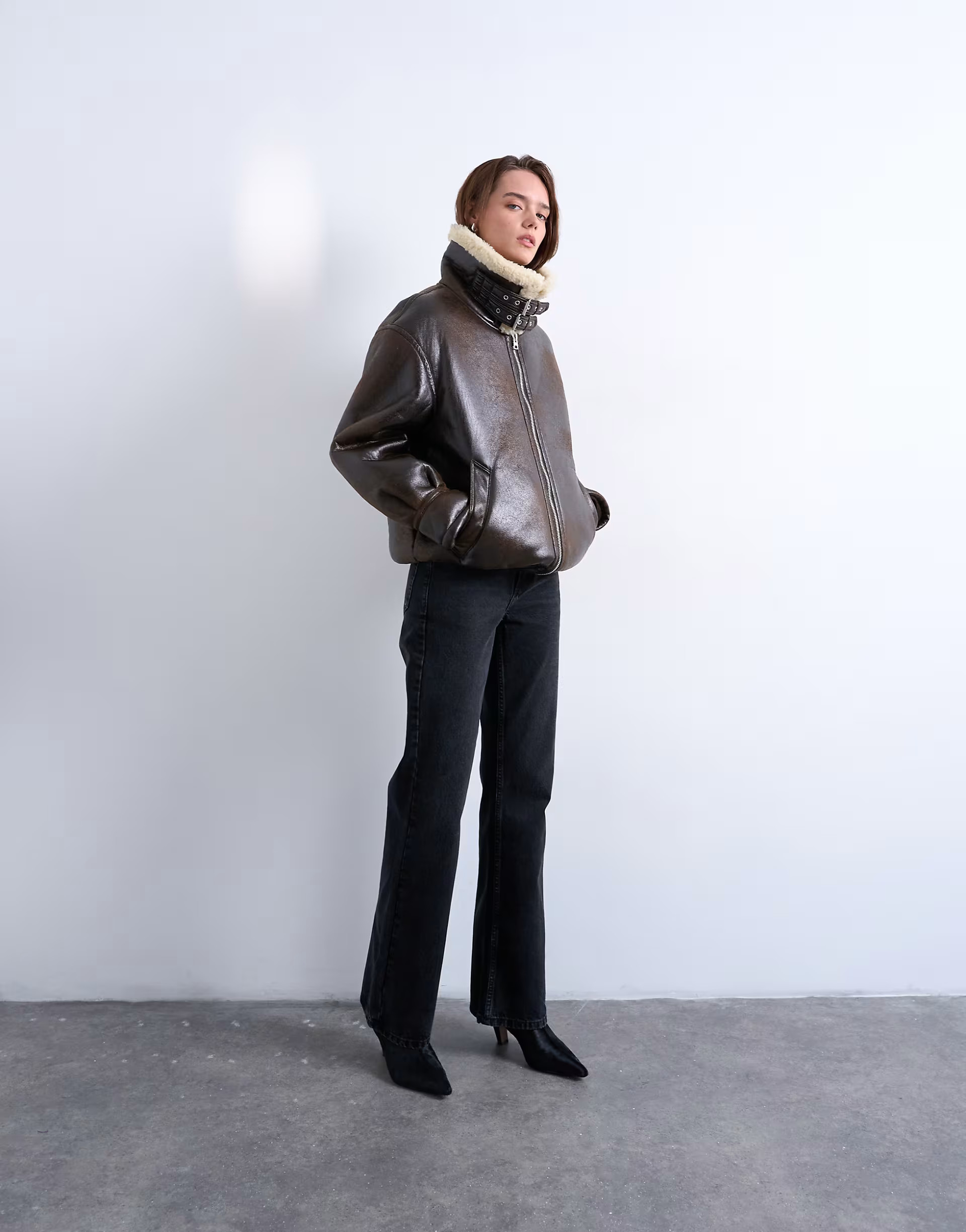 Oversized funnel tab detail shearling bomber in brown | Topshop