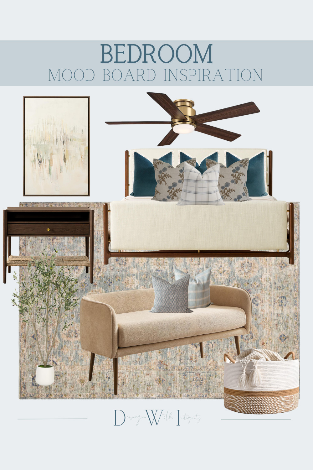 This bedroom mood board was designed to feel warm, inviting, and effortlessly layered. Rich wood tones ground the space while soft neutrals create a calming foundation. Deep blue accents in the pillows add contrast and depth, bringing a sense of balance to the room. The upholstered bench introduces comfort and function, while woven textures and natural elements add an organic, lived in feel. A sculptural ceiling fan and classic lighting complete the look with a refined touch.

Each piece was selected to work together seamlessly. Tap through to shop all selections and recreate this elevated yet comfortable bedroom in your own home.

IG Hashtags
#bedroominspiration #interiordesign #bedroomdecor #neutralbedroom #bluebedroom #cozyinteriors #homeinspo #bedroomdesign #ltkhome

bedroom mood board
blue and neutral bedroom
warm wood bedroom furniture
cozy bedroom decor
layered bedding
upholstered bench bedroom
bedroom lighting ideas
ceiling fan bedroom
interior design inspiration 

 #LTKHome