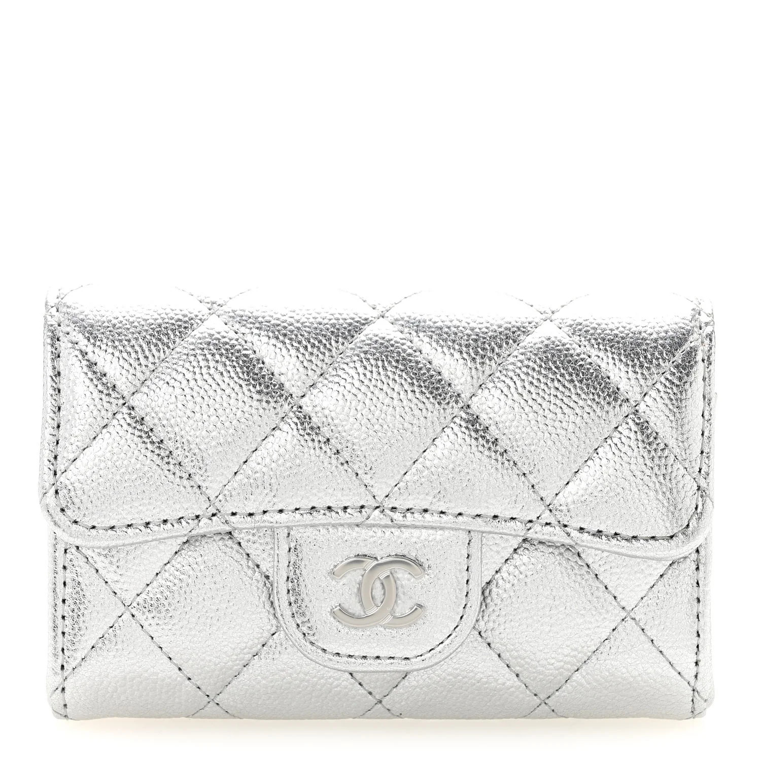 Chanel Glittered Metallic Caviar Quilted Flap Card Holder Wallet Silver 1905760 | FASHIONPHILE (US)