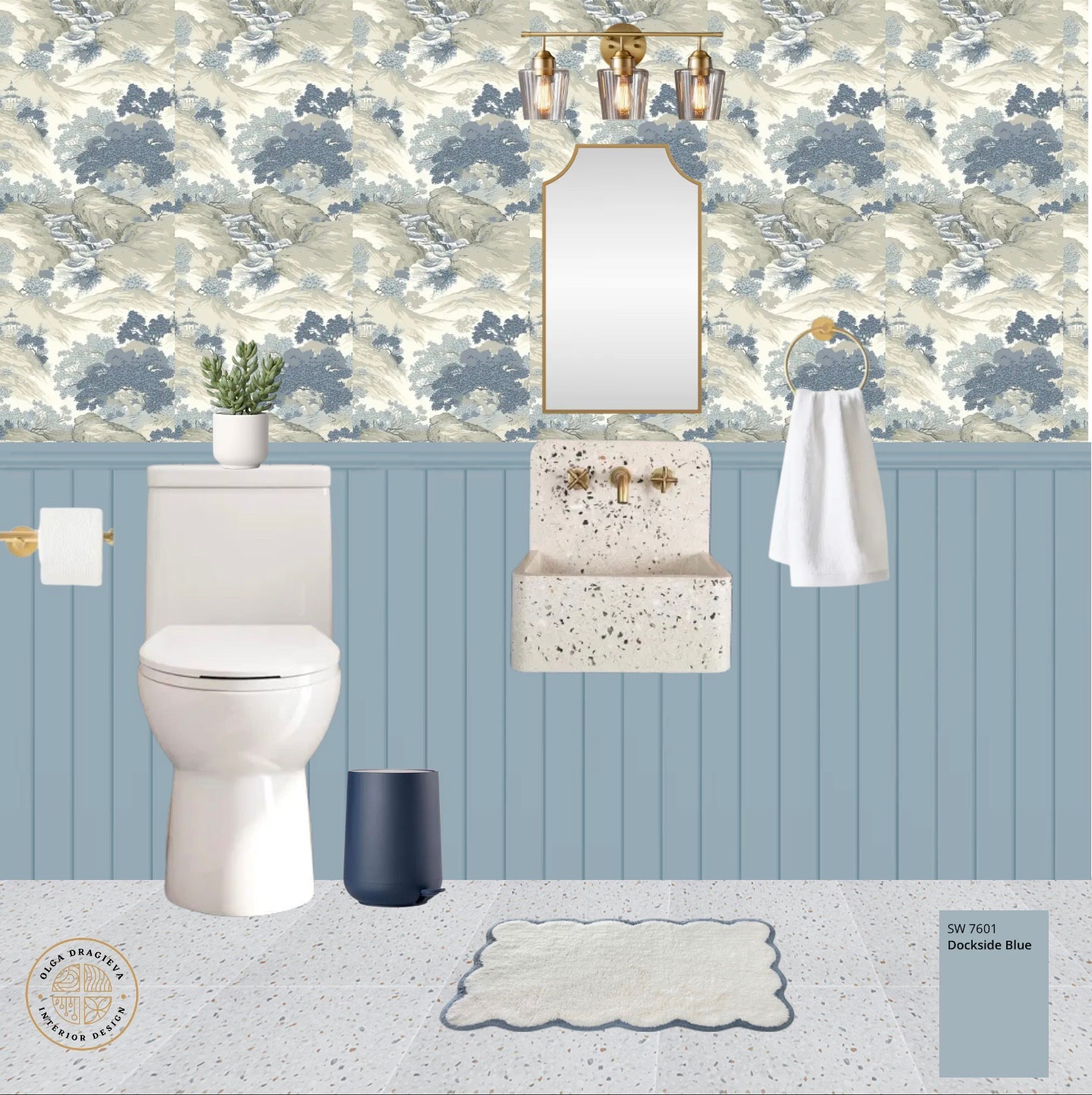 Beautiful half bath with blue wallpaper, blue paint, terrazzo sink, scalloped bath rug, gold lighting fixture, medicine cabinet. #bathroomdesign #homedecor 