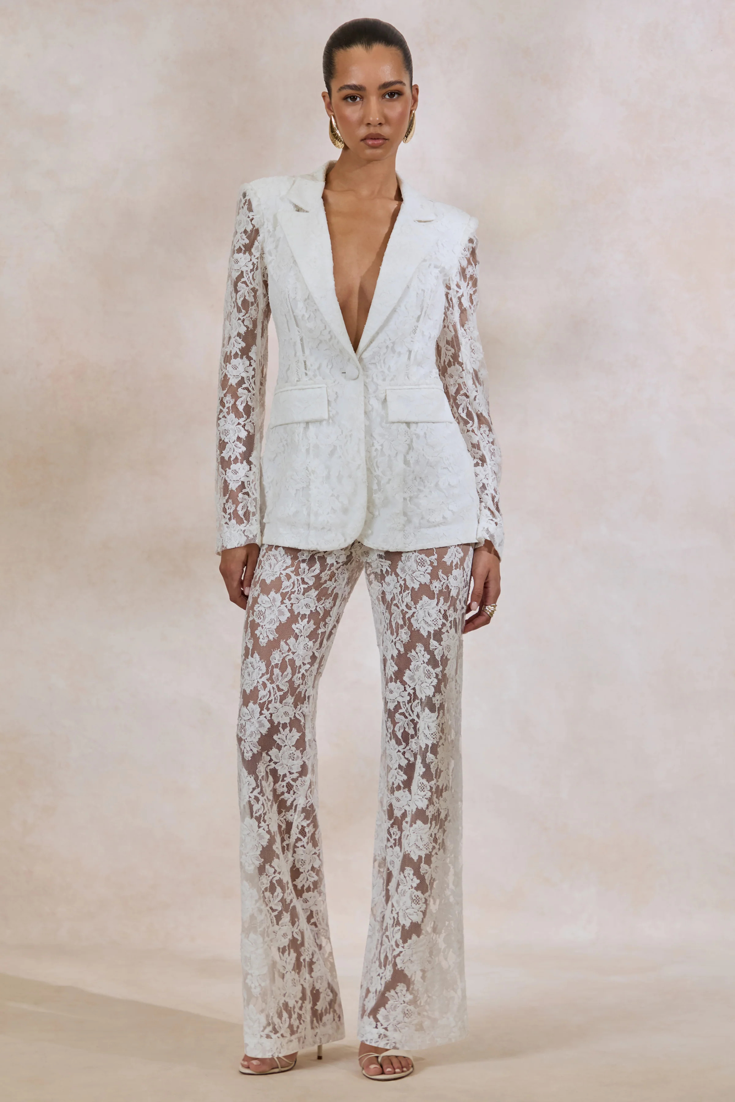 Viloria | White Sheer Lace Wide-Leg Trousers | Club L London