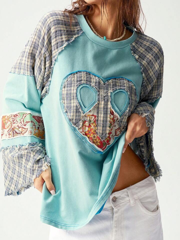 Bohemela Casual Knit Patchwork Heart Embroidery Pattern Loose 3/4 Sleeve Round Neck Wash Washed W... | SHEIN