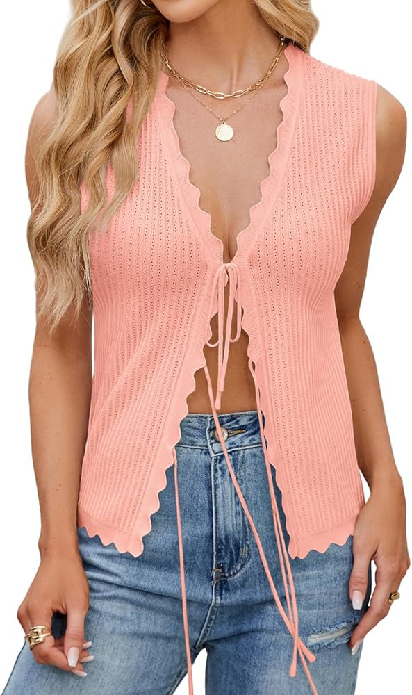 Womens Tank Tops Going Out Vest Tops Sleeveless Shirts Dressy Casual Blouses Scalloped Crochet Ca... | Amazon (US)