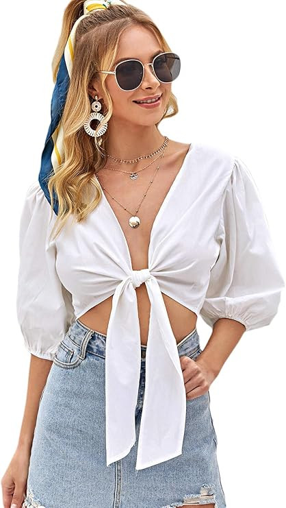 SweatyRocks Women's Sexy Tie Front Crop Top Deep V Neck Puff Short Sleeve Casual Blouse Shirt | Amazon (US)