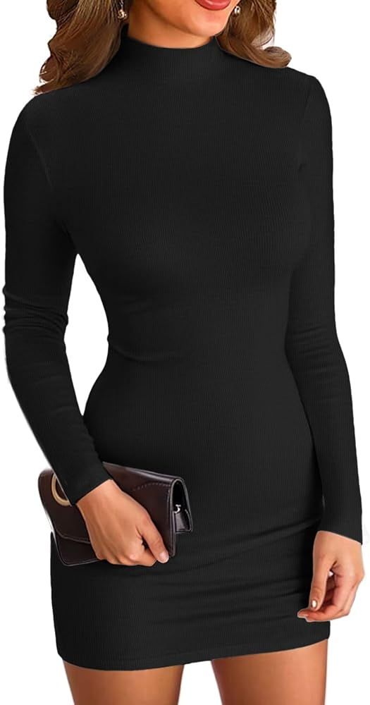 VICHYIE Women Mock Neck Ribbed Bodycon Dress Long Sleeve Mini Pencil Dresses | Amazon (US)