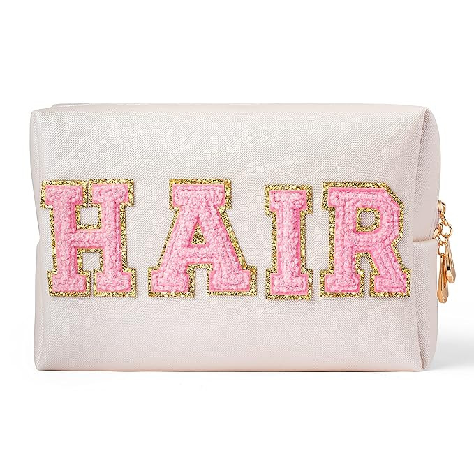 Y1tvei Preppy Patch HAIR Letter Cosmetic Toiletry Bag PU Leather Portable Makeup Bag Sewn with Ch... | Amazon (US)