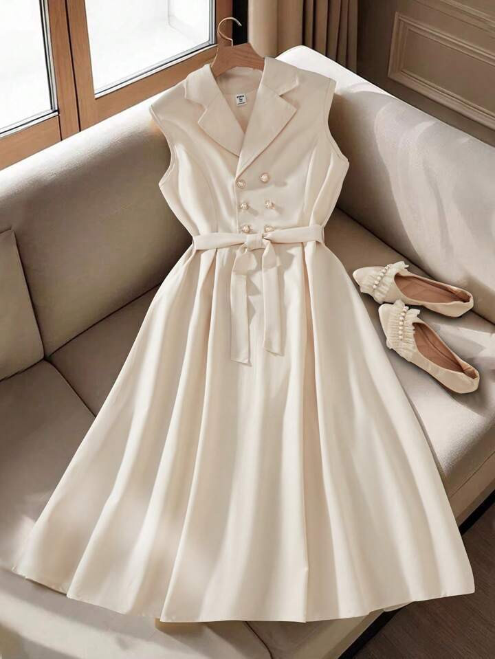 1pc Sleeveless Lapel Collar Half Placket Double Breasted Midi Dress For Teen Girl Elegant Work Casual Dress For Summer | SHEIN
