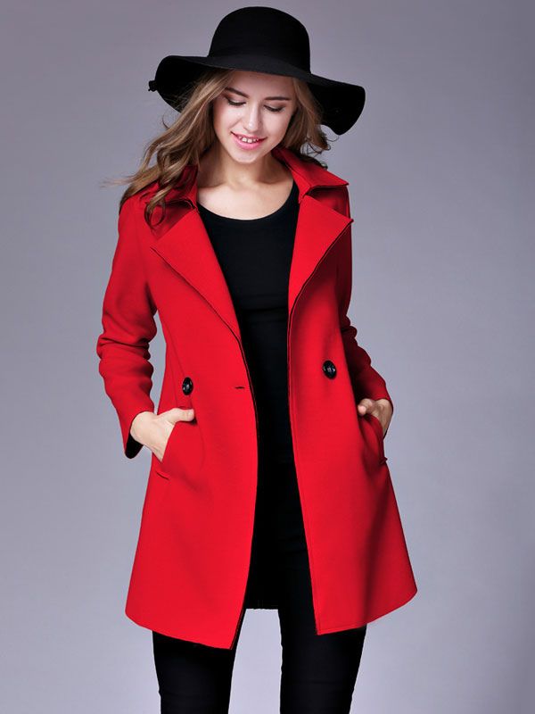 Women Red Peacoat Long Sleeve Button Turndown Collar Woolen Winter Overcoat | Milanoo