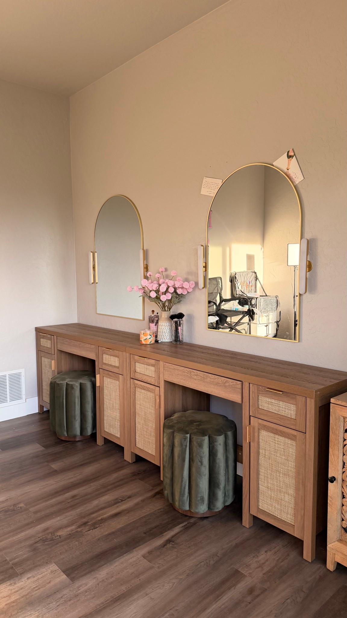 My little studio is coming along! I added little led lights from Amazon, mirrors and desk are also from Amazon and the little green velvet stools are from Walmart. 

#LTKHome #LTKBeauty