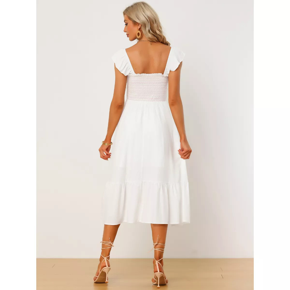 Allegra K Women's Square Neck Ruffle Trim Flowy Smocked Midi Sundresses | Target