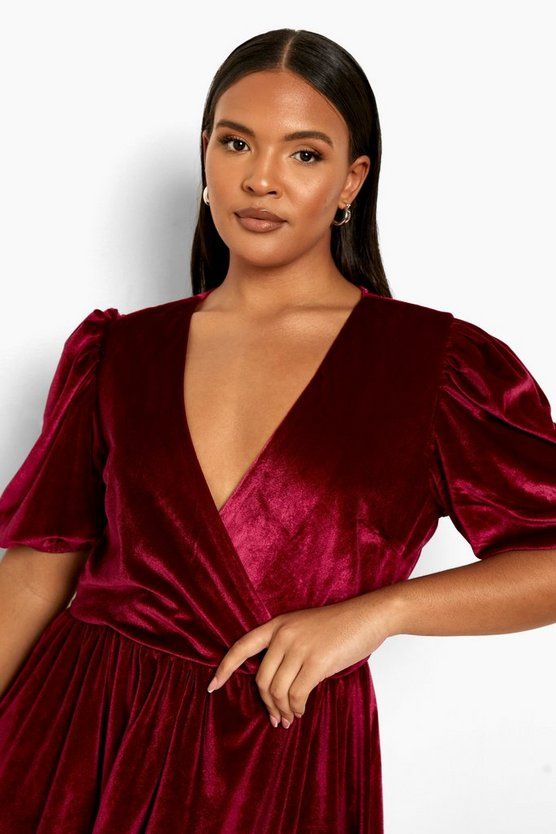 Plus Wrap Puff Sleeve Velvet Skater Dress | Boohoo.com (US & CA)