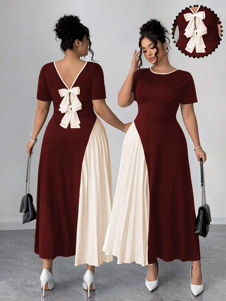 Elenzga Plus Size Burgundy Autumn Elegant Festa French Style Pleated Colorblock Bowknot Midi Dres... | SHEIN