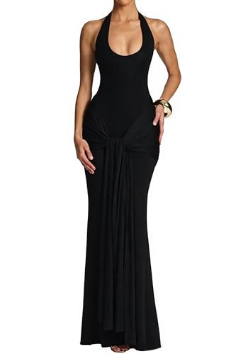 LuFeng Women's Halter Sleeveless Ruched Wedding Guest Maxi Dress Tie Front Ball Gowns Deep Plunge Evening Formal Dresses Black | Amazon (US)