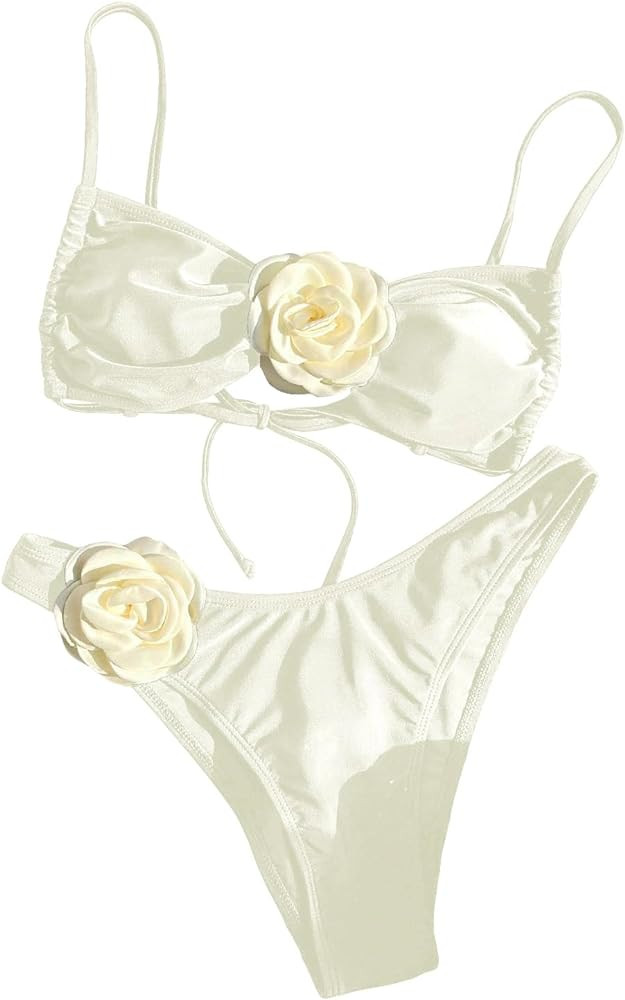 Women's 2 Piece Bikini Set High Waisted Bathing Suit Tie Back 3D Rose High Cut Thong Bikini Swims... | Amazon (US)