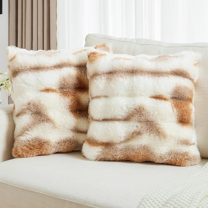 Pack of 2 Faux Fur Throw Pillow Covers 22x22 Inch, Brown White | Amazon (US)