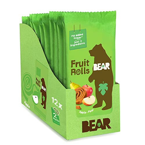 BEAR Real Fruit Snack Rolls, Apple (2 Rolls Per Pack), No Added Sugar, All Natural, Non GMO, Gluten Free, Vegan, Healthy On-The-Go Snack For Kids & Adults, 0.7 oz (Pack of 12) | Amazon (US)