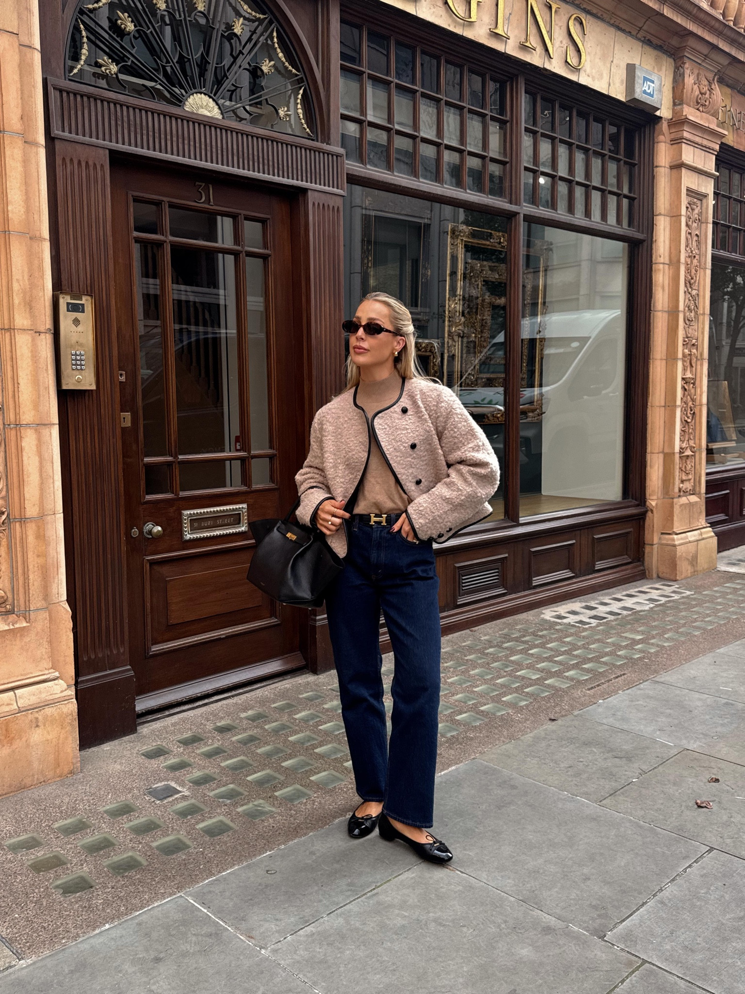 Smart casual autumn outfit, boucle jacket, Abercrombie & fitch jeans, ballet flats, by Malina jacket, Selfridges, straight leg jeans, les specs sunglasses, DeMellier bag, Reiss jumper 

#LTKstyletip #LTKautumn #LTKuk