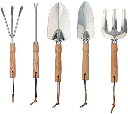 Garden Tool Set with Wooden Handle, 5 Pcs Gardening Tools Includes Hand Trowel, Hand Transplanter... | Amazon (US)