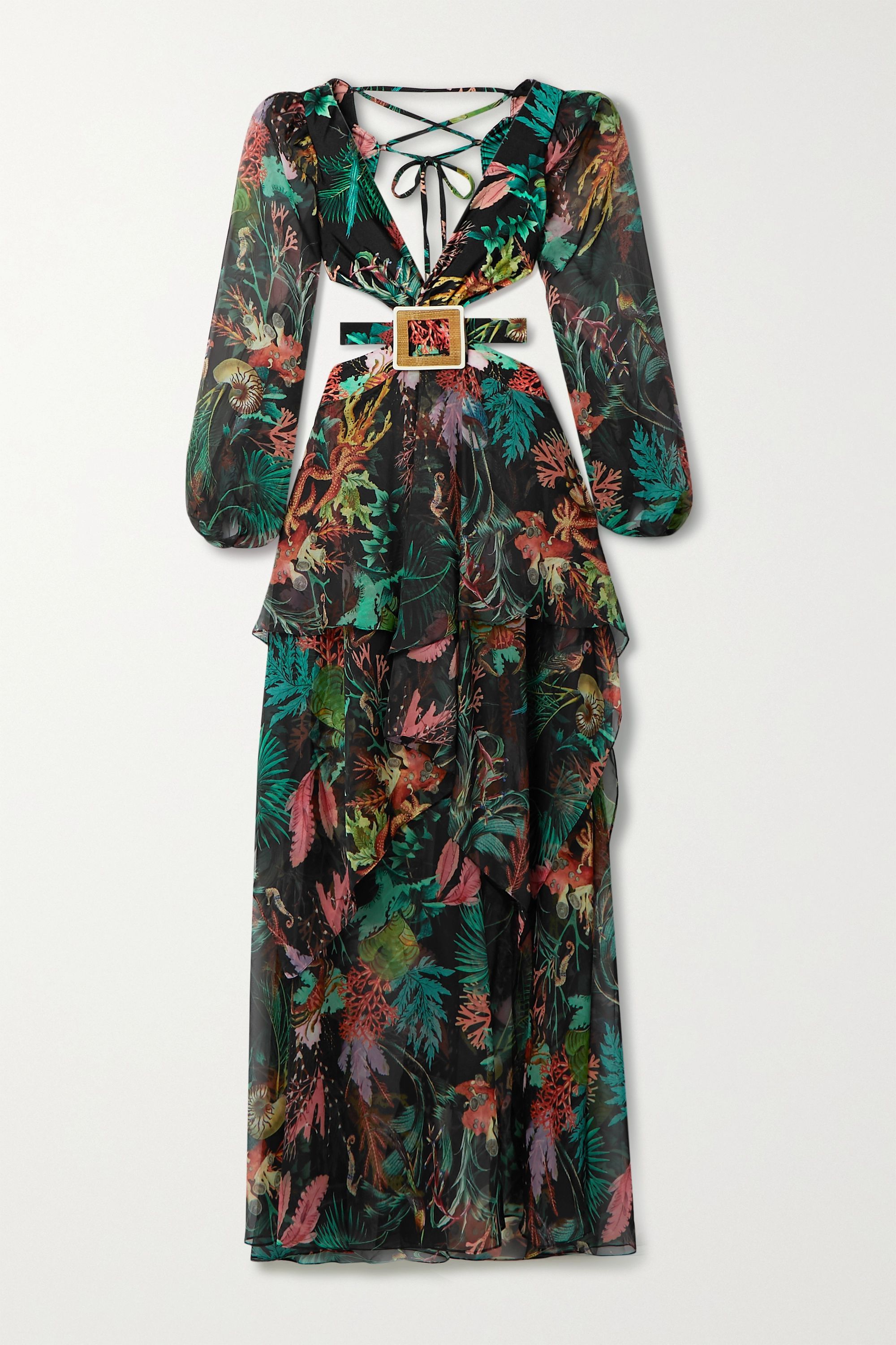 Oasis cutout ruffled printed chiffon and stretch-jersey maxi dress | NET-A-PORTER (US)