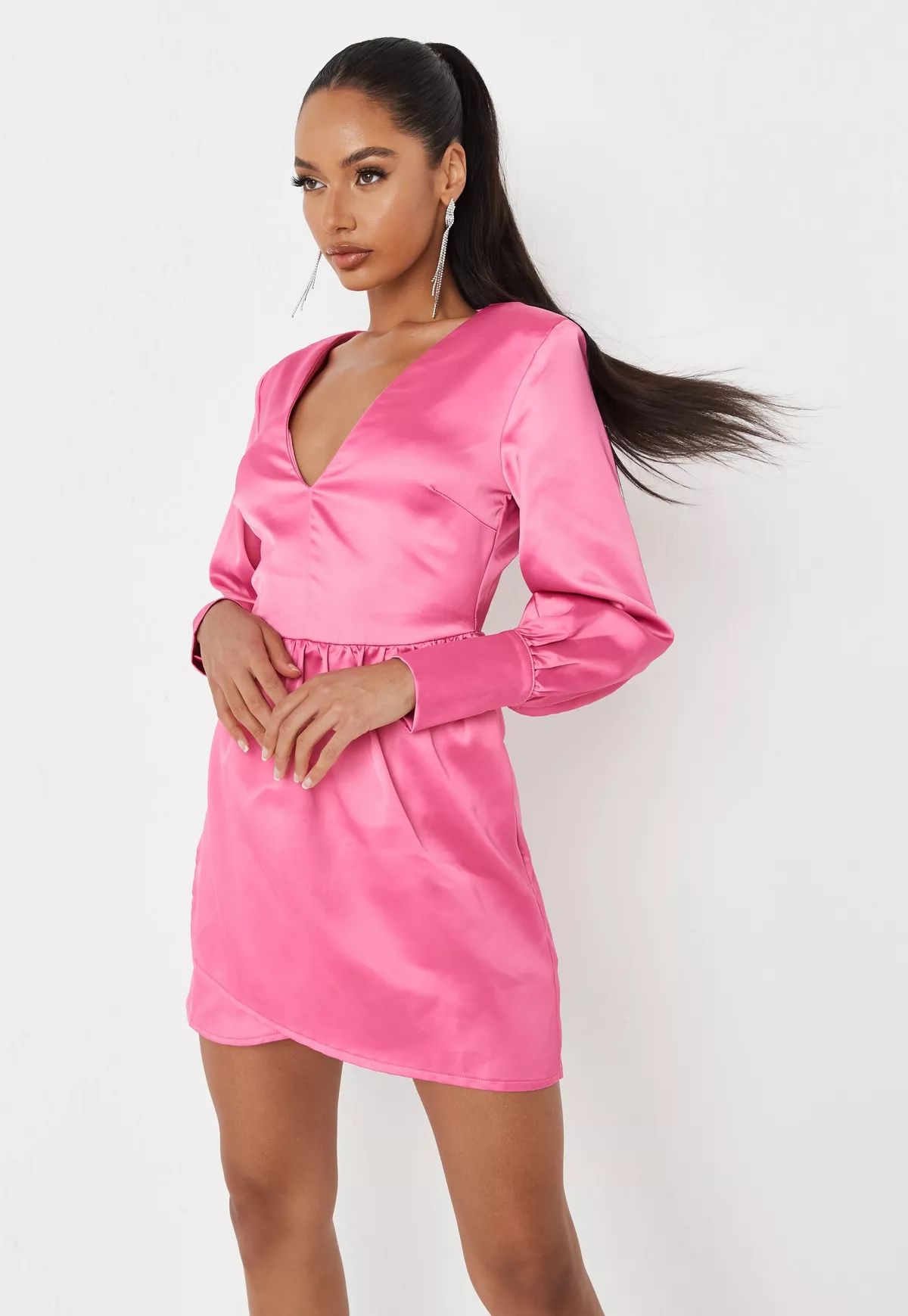 Pink Satin V Neck Mini Dress | Missguided (US & CA)