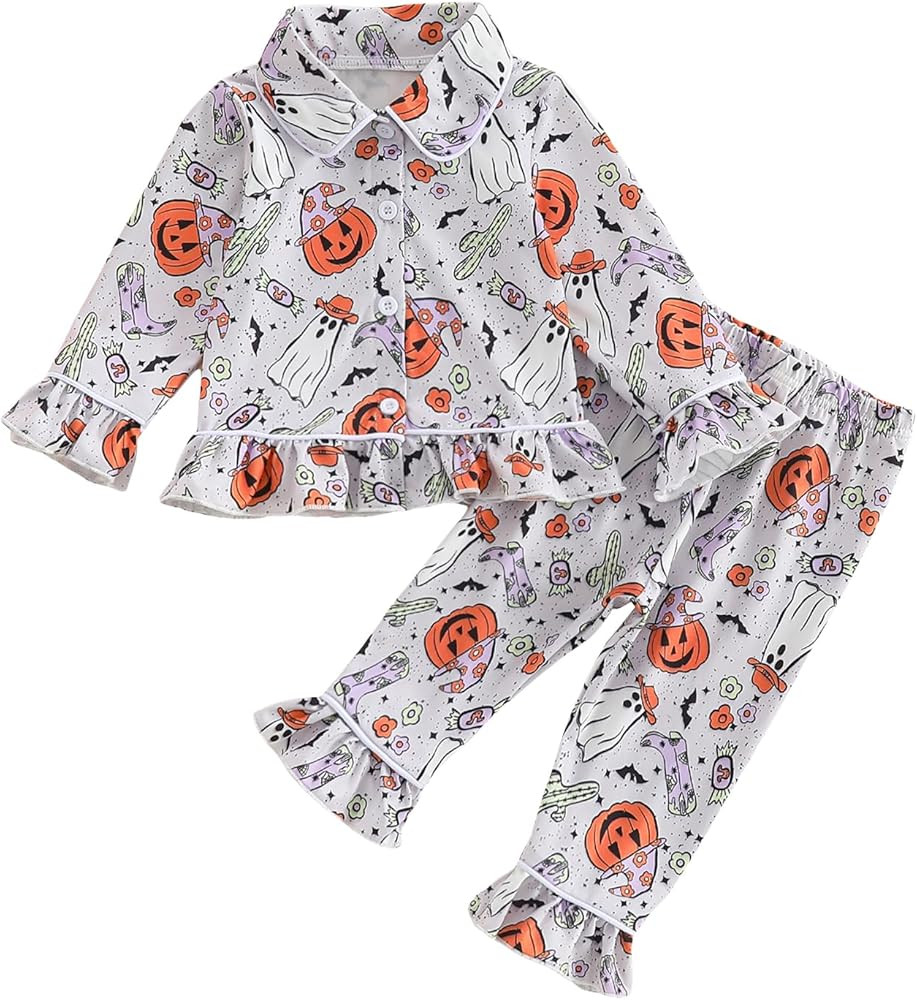 Kuriozud Toddler Baby Girl Halloween Pajamas Set Little Girl Pumpkin Long Sleeve Lapel Tops+Ruffl... | Amazon (US)