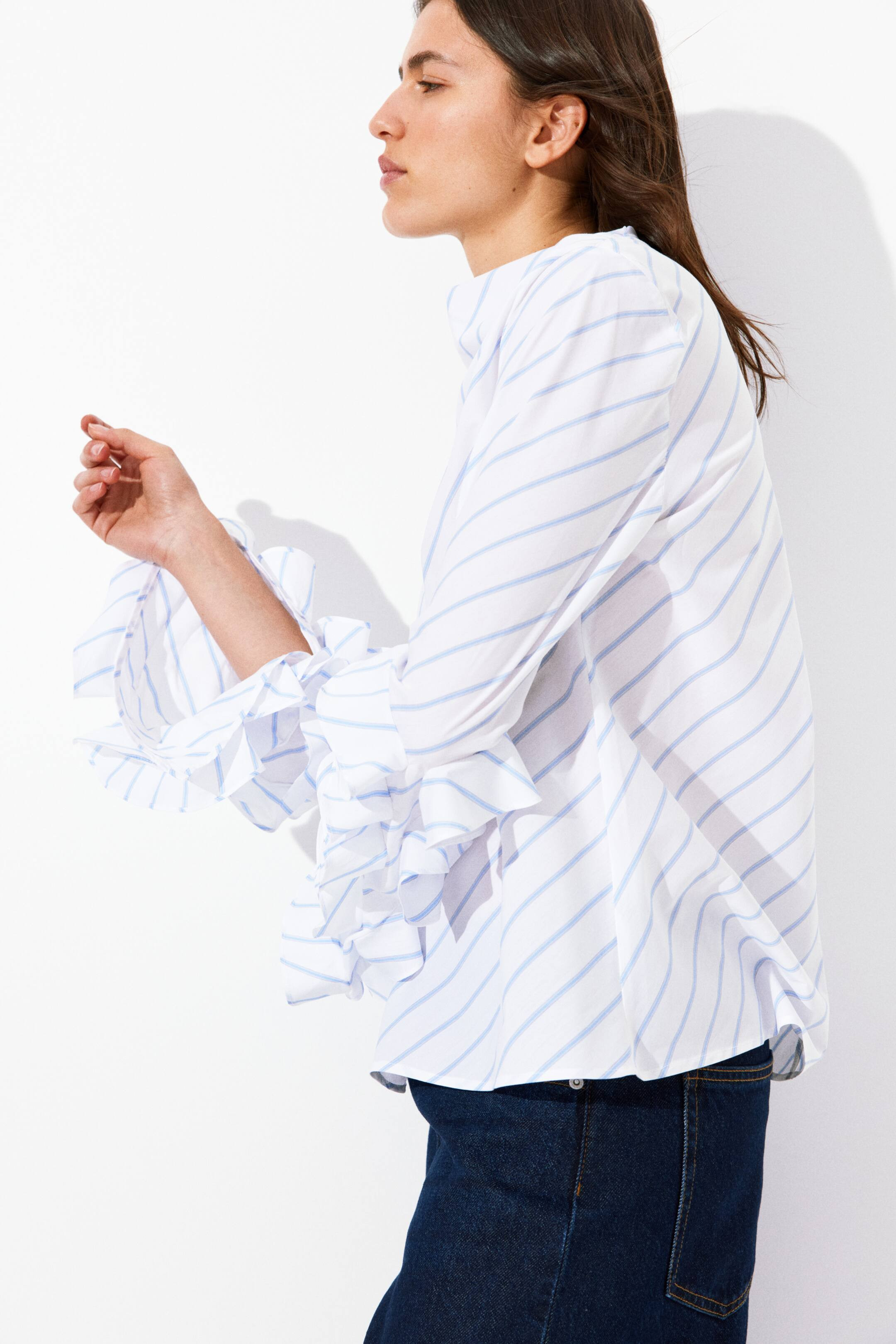 Ruffle-Sleeved Blouse - White/striped - Ladies | H&M US | H&M (US + CA)