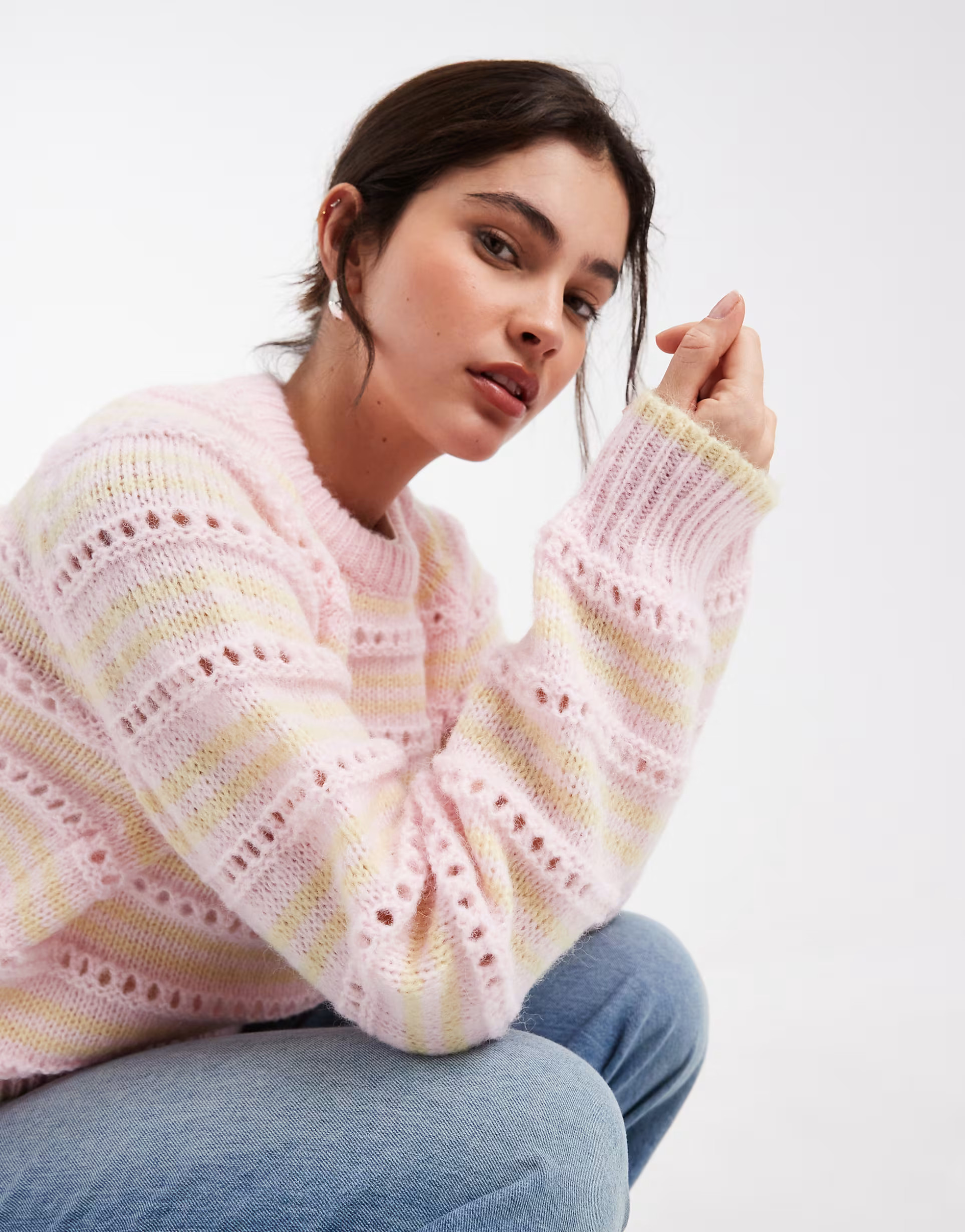 Pieces pointelle knitted jumper in pink and pale yellow | ASOS (Global)