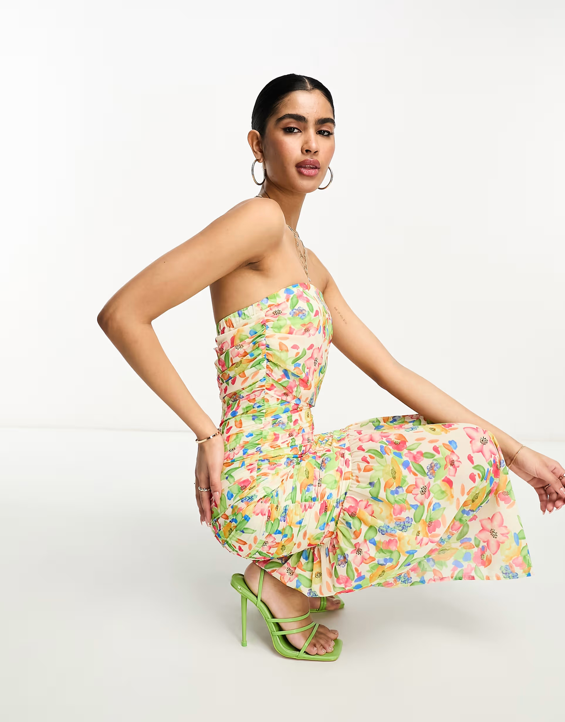 Pretty Lavish bandeau ruched midaxi dress in mixed floral | ASOS (Global)
