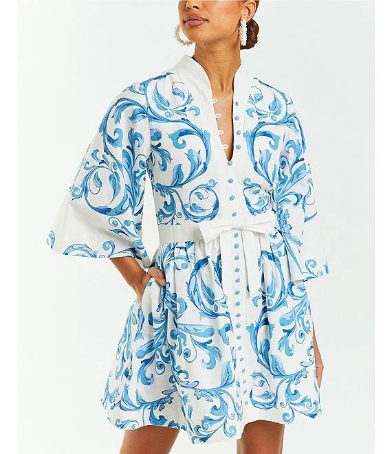 Carmen Floral Print Mandarin Collar 3/4 Full Sleeve Mini A-Line Dress | Dillard's