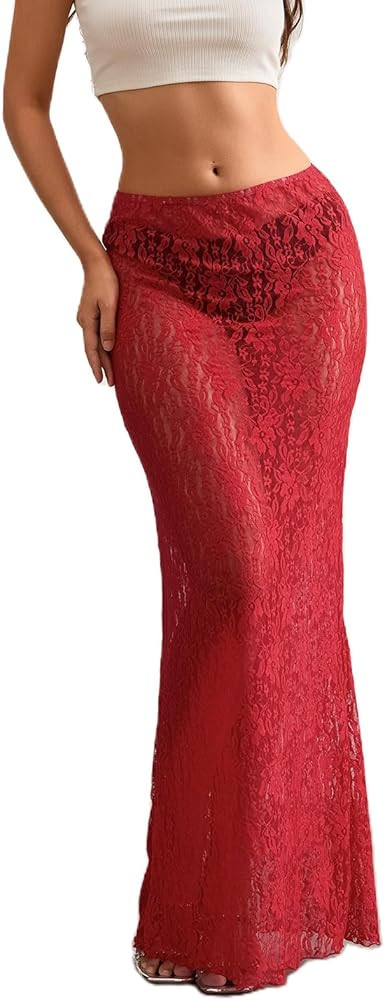 Women Lace Long Skirt Mesh Sheer A-line Maxi Skirt Y2k Sexy See Through Summer Beach Flowy Skirts | Amazon (US)
