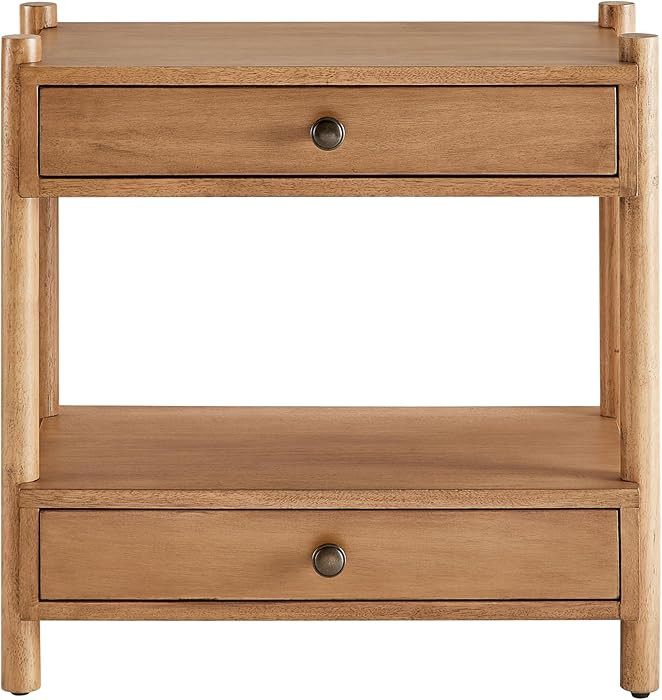 Modern Wood Nightstand with Two Drawers and Open Shelf, Solid Wood Legs, Brushed Bronze Hardware,... | Amazon (US)