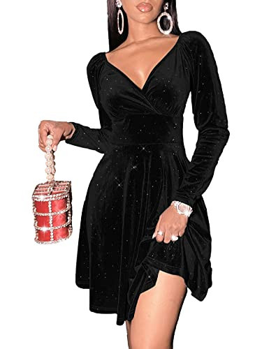 Sexyasasii Velvet Dress Long Sleeve Wrap V Neck Glitter Sparkle Mini Skater Dress Cocktail Party Elegant Dresses for Women Wedding Guest Black | Amazon (US)