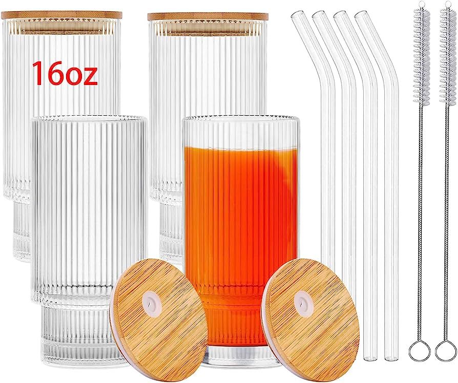 Dmyangs 16oz Ribbed Glass Cups with Bamboo Lids and Straws, Vintage Fluted Glassware Iced Coffee ... | Amazon (US)