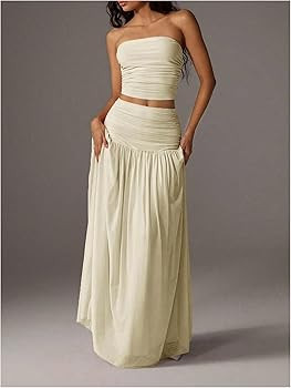Verdusa Women's 2 Piece Sets Mesh Ruched Bandeau Top With Maxi Skirt Set | Amazon (US)