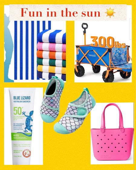 Extra large beach towels
Beach wagon
Best kids sunscreen 
Water shoes for kids
Beach tote bag

#LTKHome #LTKActive #LTKSaleAlert