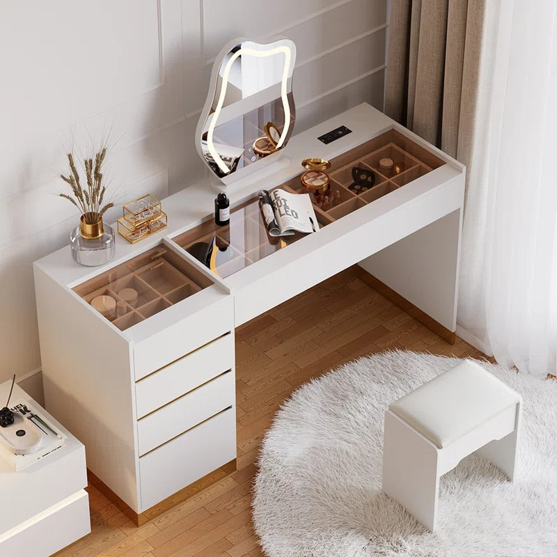Modern Makeup Vanity Set With Lighted Mirror And Charging Station And Jewelry Storage | Wayfair North America