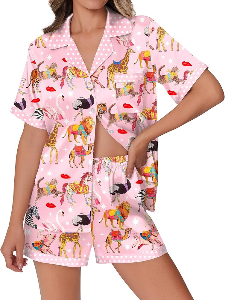 Ekouaer Womens Silk Satin Pajamas Set Animals Print Pjs Button Down Short Sleeve Lounge Set 2 Pie... | Amazon (US)