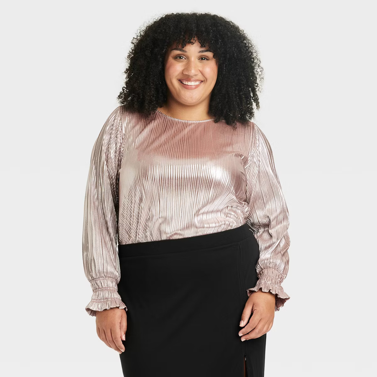 Women's Long Sleeve Plisse Blouse - Ava & Viv™ Champagne 2X | Target