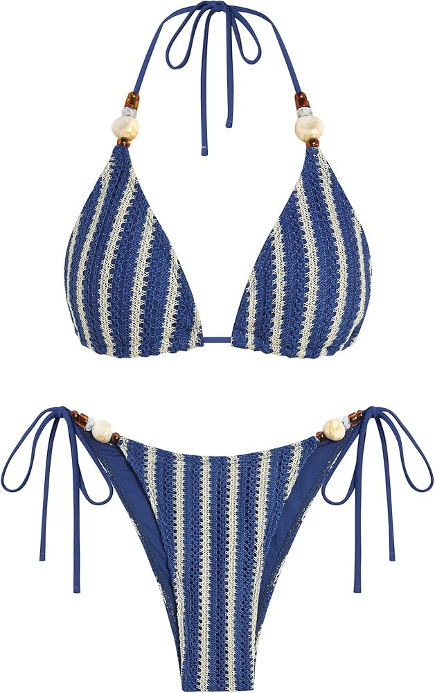 ZAFUL Women's Bikini Sets Beads Triangle Swimsuits 2 Piece String High Cut Cheeky Bathing Suits | Amazon (US)