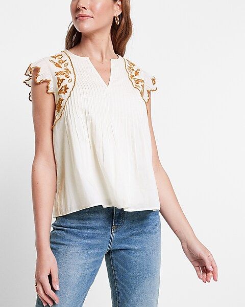 Embroidered Ruffle Sleeve Pleated V-Neck Top | Express