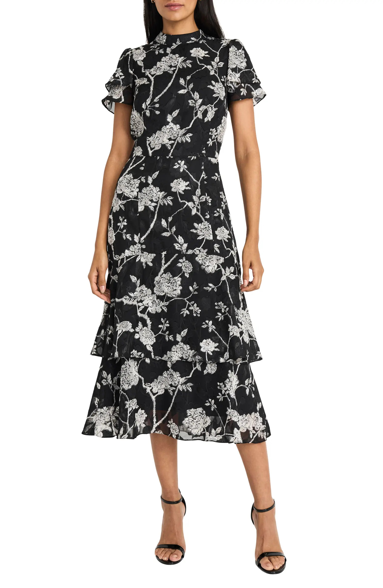 Maggy London Floral Short Sleeve Tiered Midi Dress | Nordstrom | Nordstrom