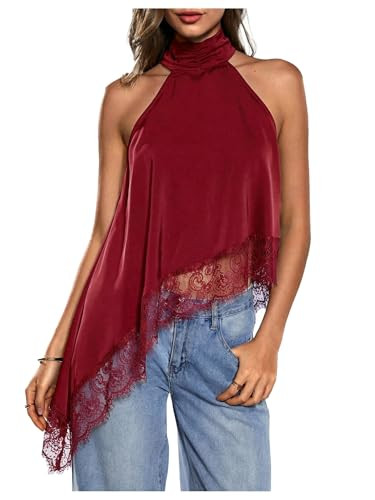 Milumia Women's Halter Neck Top Lace Asymmetrical Hem Going Out Tank Tops | Date Night Tops, Sleeveless, Flowy, Sexy, Summer Fall, Country Concert, Club, Classy Outfits, Burgundy, Small | Amazon (US)